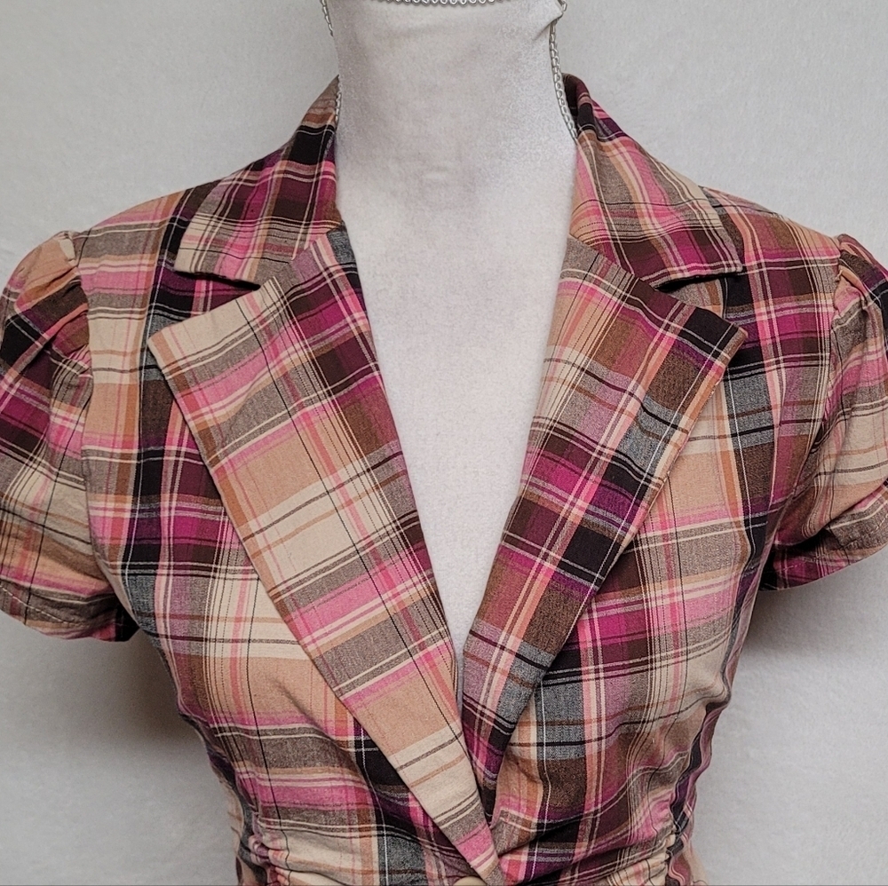 Rare Vintage 90s Rue21 Madras Plaid Stretchy Puff Sleeve Cropped Blazer Jacket - Picture 5 of 14